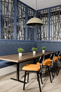 Interior Design Commercial Cafeteria Banquette Seating Wall Panels Orange