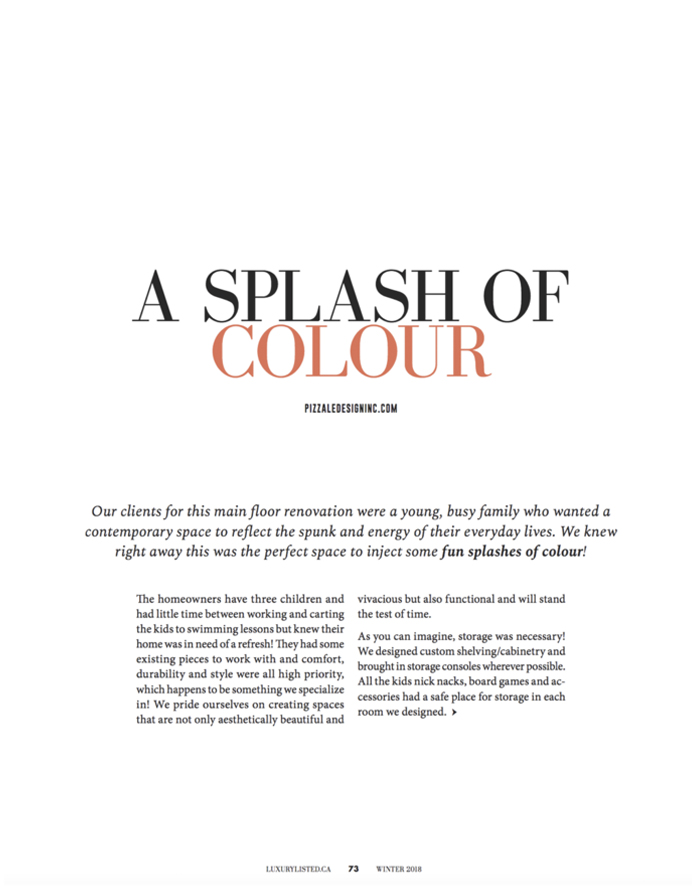 Pizzale Interior Design Oakville Luxury magazine 2018 splash of colour